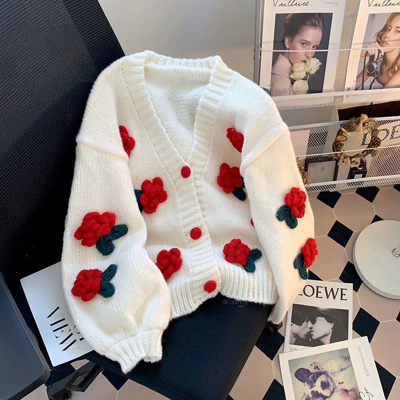 Korean Style Autumn and Winter New Sweet Style Stereo Flower Knitted Cardigan for Women to Reduce Age and Versatile Loose Soft Waxy Sweater Jacket
