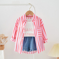 Girls suit new summer shorts suit Korean style girls striped long-sleeved shirt + vest pants three-piece set