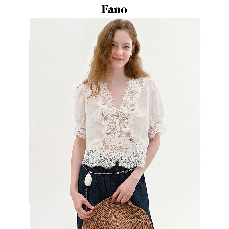 Fano French-Style Heavy Lace Patchwork Blouse, New Summer V-Neck Puff Sleeve White Top # 5241Y