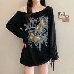 大码美式蝴蝶贴布露肩长袖t恤女春秋季2025新款宽松显瘦绑带上衣