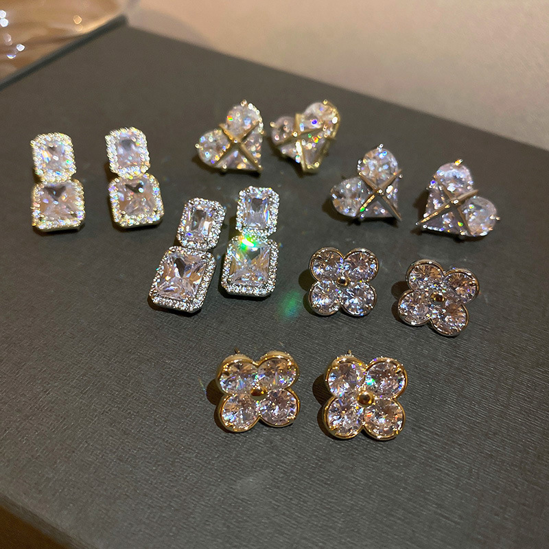 Sweet Square Heart Shape Copper Inlaid Zircon Earrings 1 Pair