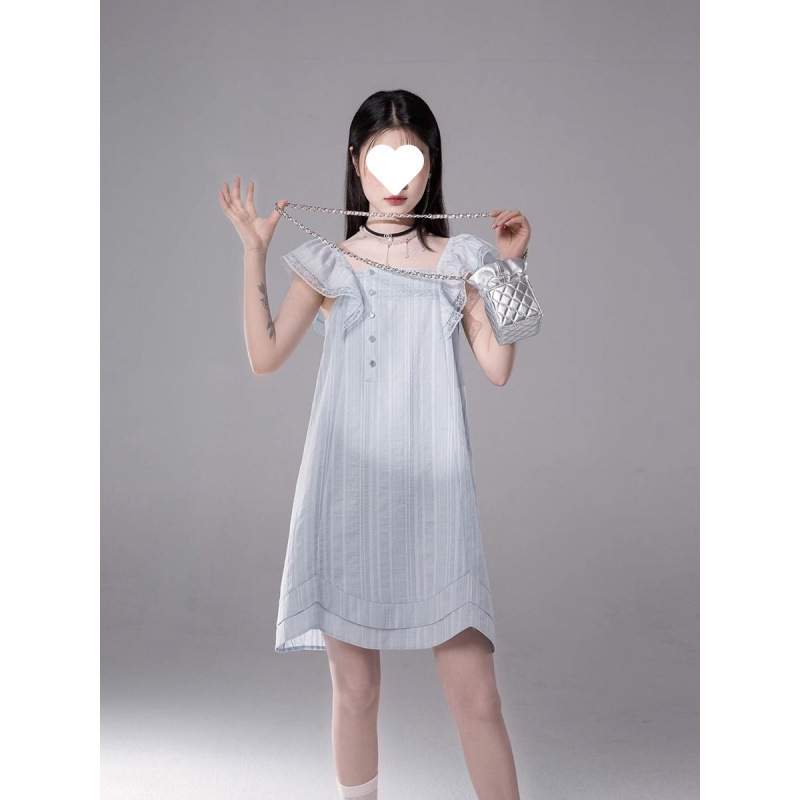 フレンチクールブルーレース織り小飛袖ドレス女性の夏の新しいスタイル小柄な痩身スカート|undefined