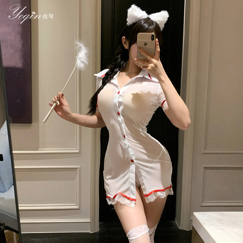 Night Piano Sexy Lingerie Pure Desire Sexy Hot See-Through Nurse Uniform Temptation Role Play Lace Robe 7684
