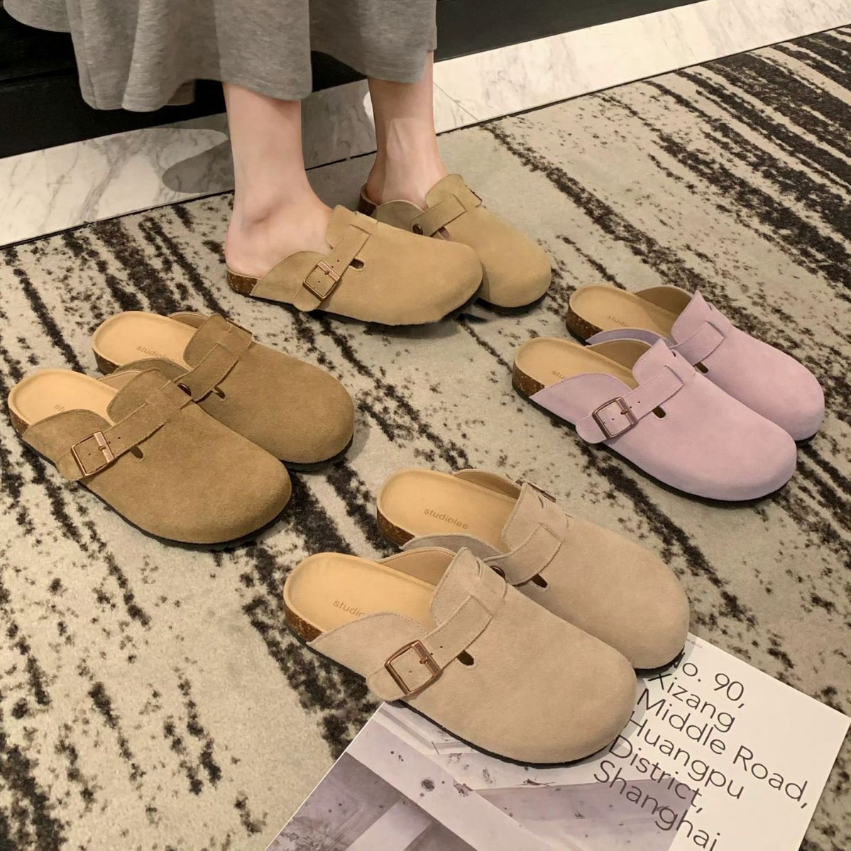 葡萄妈studiolee首尔余晖~真皮圆头扣带百搭懒人情侣半拖勃肯鞋女