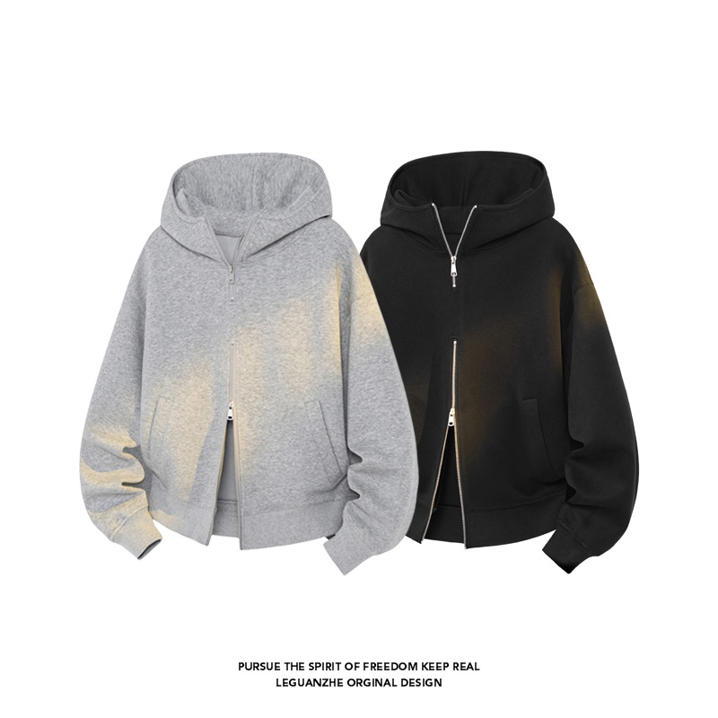 400G Heavy-duty Double-zipper Hooded Sweatshirt For Men, Autumn Trendy American Style Cleanfit Gray Loose-fitting Jacket_voghion.com