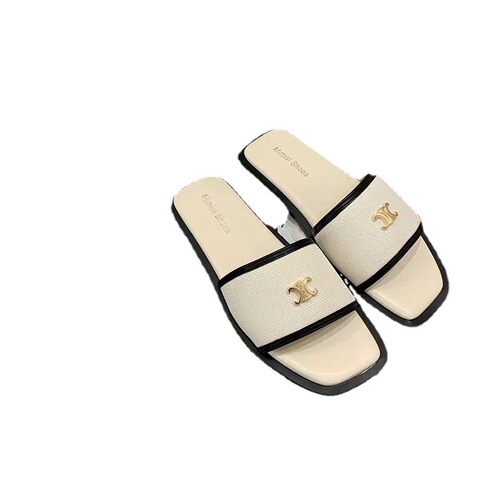 French-style Crochet One-Piece Slides for Women - Summer , Toe-Exposed Square-Toe Color-Matched Outerwear Sandals - Versatile Flat Slippers