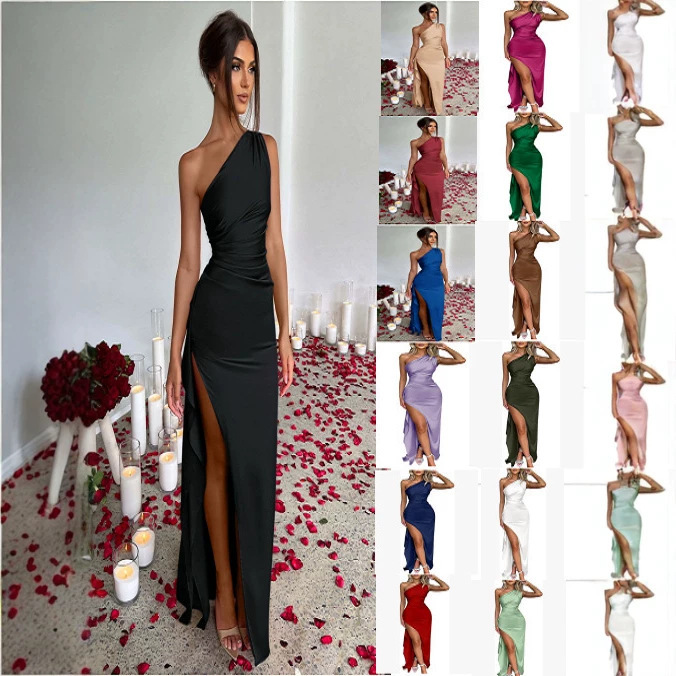 Factory Direct Shipment European and American Summer Satin Dress, One-Shoulder Ruched Slit Slim-Fit Dress, Cross-Border Amazon Delivery