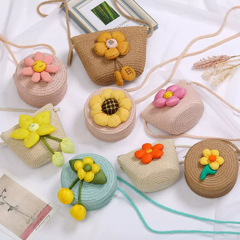 夏季小女孩包包手机斜挎花朵草包编织包可爱迷你海边沙滩景区批发