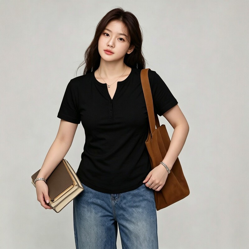 Plus-size women's summer super stylish V-neck knit top, slimming for slightly plump ladies, regular shoulder, made of Lyocell cotton T-shirt 3713