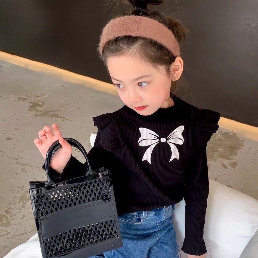 Primavera y otoño nueva camisa de manga larga para niñas de terciopelo Estilo occidental con volantes manga arco impreso bebé niñas SLIM-Fit ropa de otoño