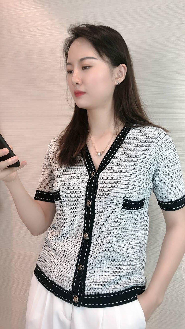 Áo cardigan nữ cổ chữ V tay ngắn dệt kim phong cách tiểu thư — Màu xám chi tiết 3