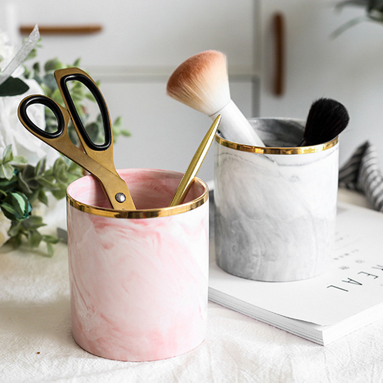Nordic-style creative geometric marble storage pen holder with gold edge ceramic desk makeup brush storage bucket