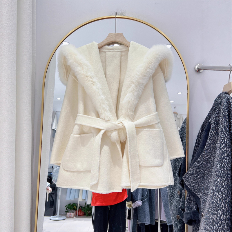 2025 New Autumn and Winter Fox Fur Large Collar Double-Sided Cashmere Outwear Women's Mid-Length Loose Lace-Up Wool Outwear Korean