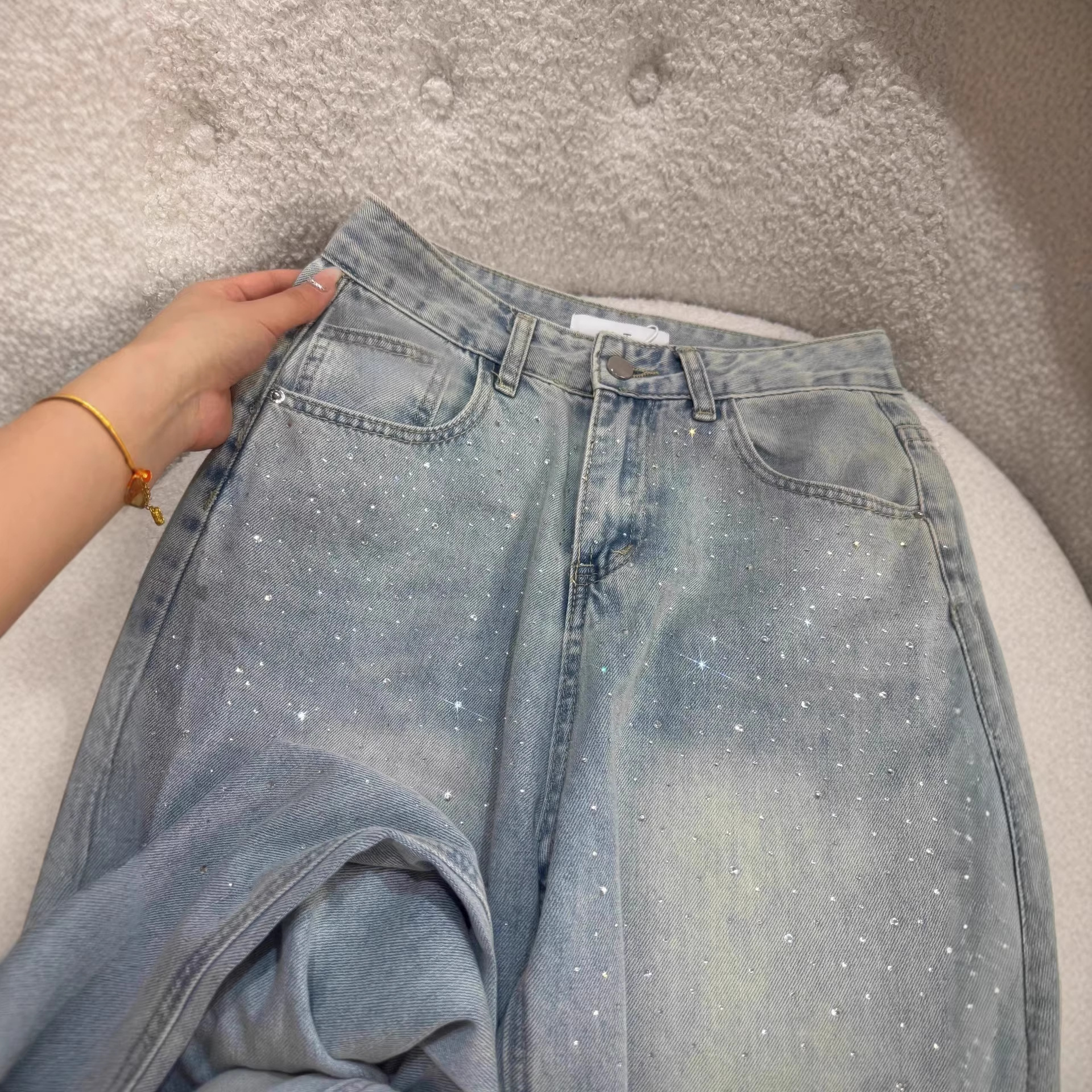 Women's Rhinestone Jeans Straight Leg Winter Loose Fit Flared Pants With Star Embellishments Versatile Wear_voghion.com