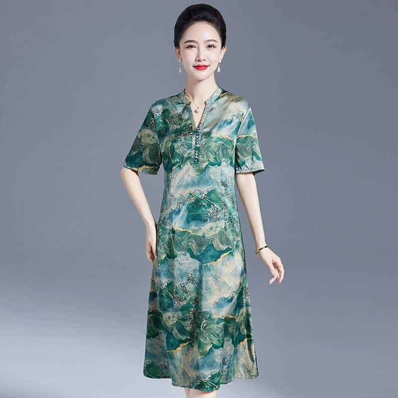 Hengyuanxiang, летняя новая одежда для мам, платье из искусственного шелка, благородная свободная юбка из шелкового шелка для среднего и пожилого возраста, больших размеров
