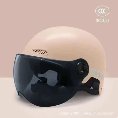 Sun Protection Half Helmet for Men | Motosiklet kaskı (dəbilqə) - khaki-yellow-sun-protection-short-glasses-free-night-reflective-stickers-306