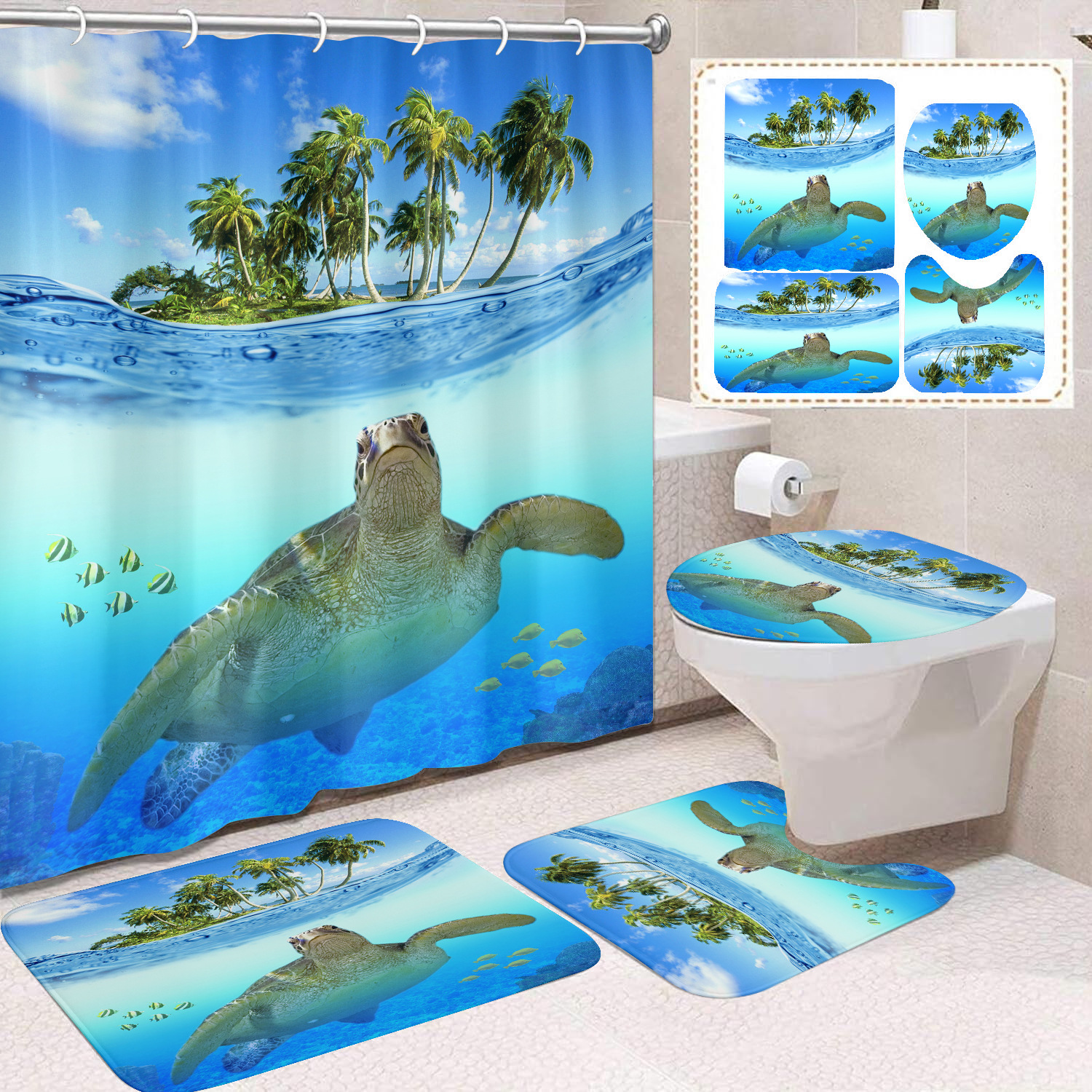 Cortina de ducha transfronteriza con diseño de delfines azules, estampada digitalmente, de poliéster, sin perforaciones, para baño, decoración del hogar image 26