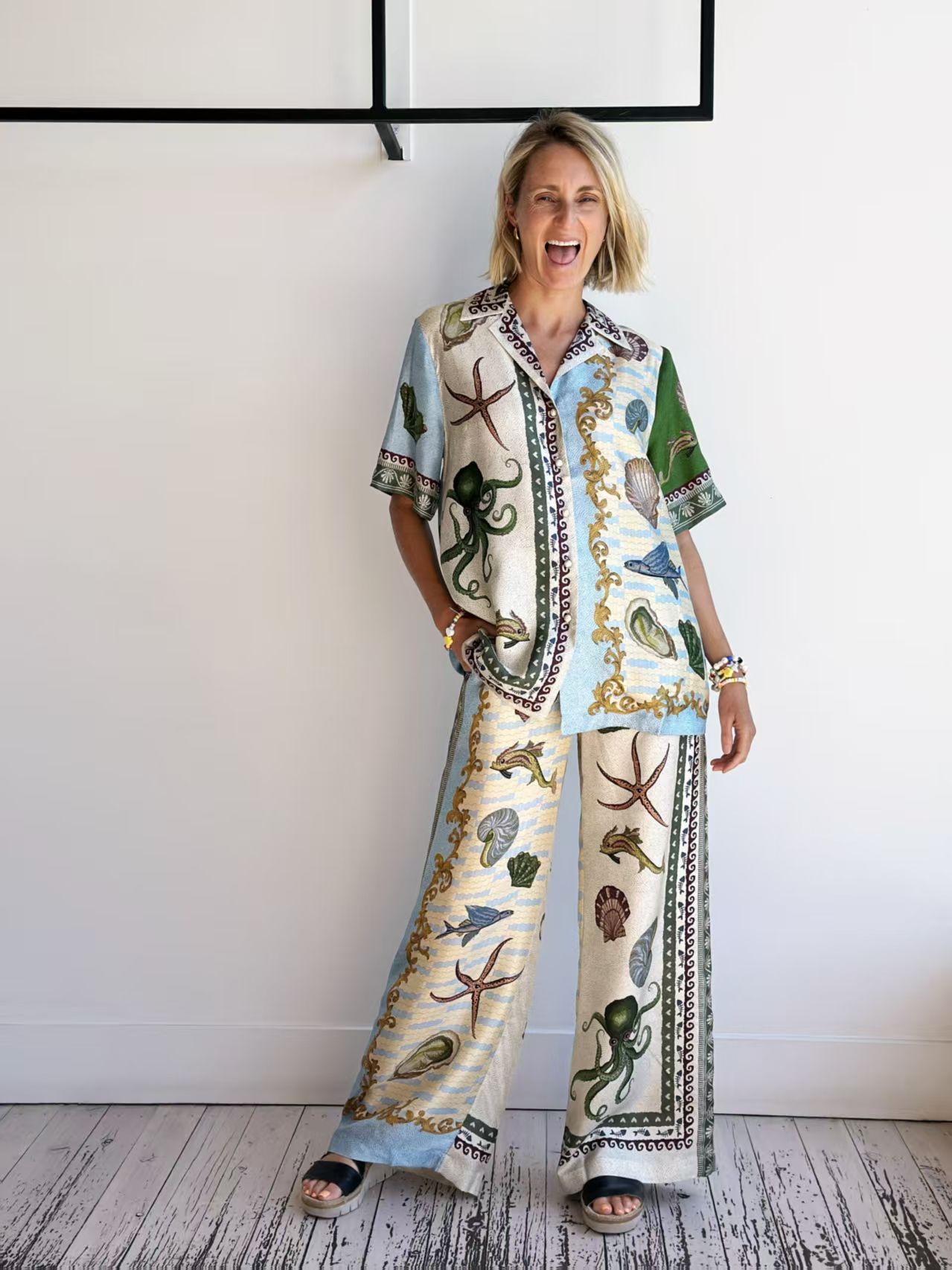 Linen, Polyester, Hemp Fabric Type Pant Co-ord Set Sets Type Holiday Selfie Women's Casual Marine Style Streetwear Animal Linen Polyester Hemp Pant Co-ord Set Pants Sets
