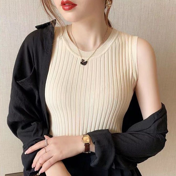 Summer Round-Neck Vest for Women with Wide Shoulder Straps, Thin Ice Silk, Sleeveless Knit Solid Color Outerwear, Mature Style