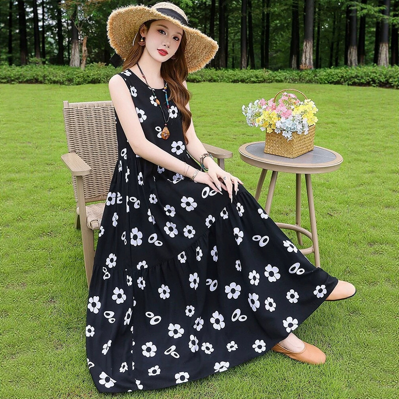 High-End Cotton Silk Dress 2026 New Style for Moms, Elegant and Noble Sleeveless Tank Dress, Beach Vacation Long Dress
