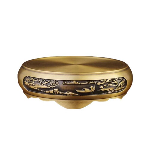Pure brass base embossed copper round base incense burner lotus ornaments antique handicrafts double-sided embossed cylinder