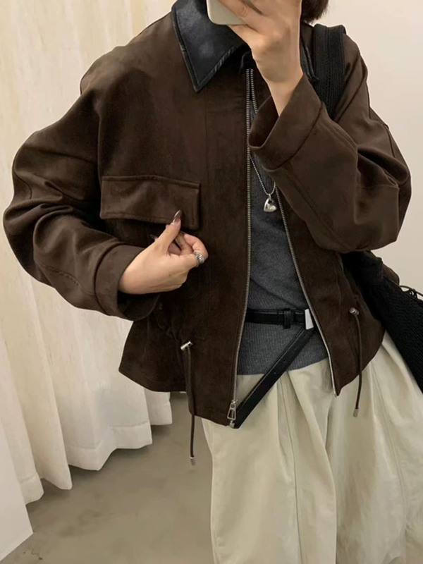 撞色拼接麂皮绒短外套女2025秋季新款宽松百搭小个子夹克上衣|undefined