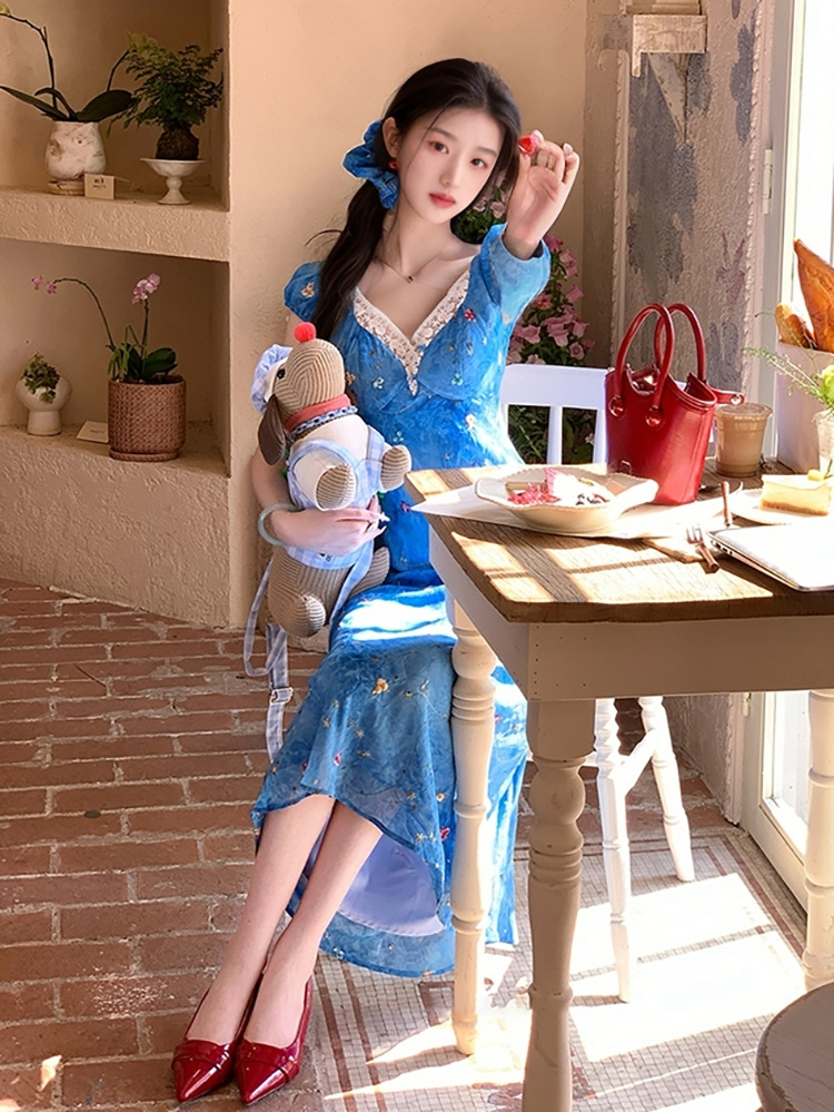 Váy maxi nữ in họa tiết phong cách Pháp thêu tay thanh lịch mùa hè N4097 — Xanh lam nhỏ