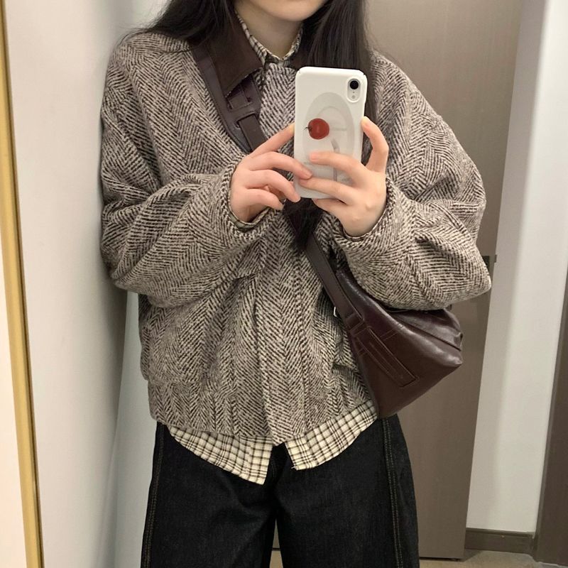 美式复古翻领夹克外套女学生秋季新款设计感宽松百搭休闲棒球服潮|undefined