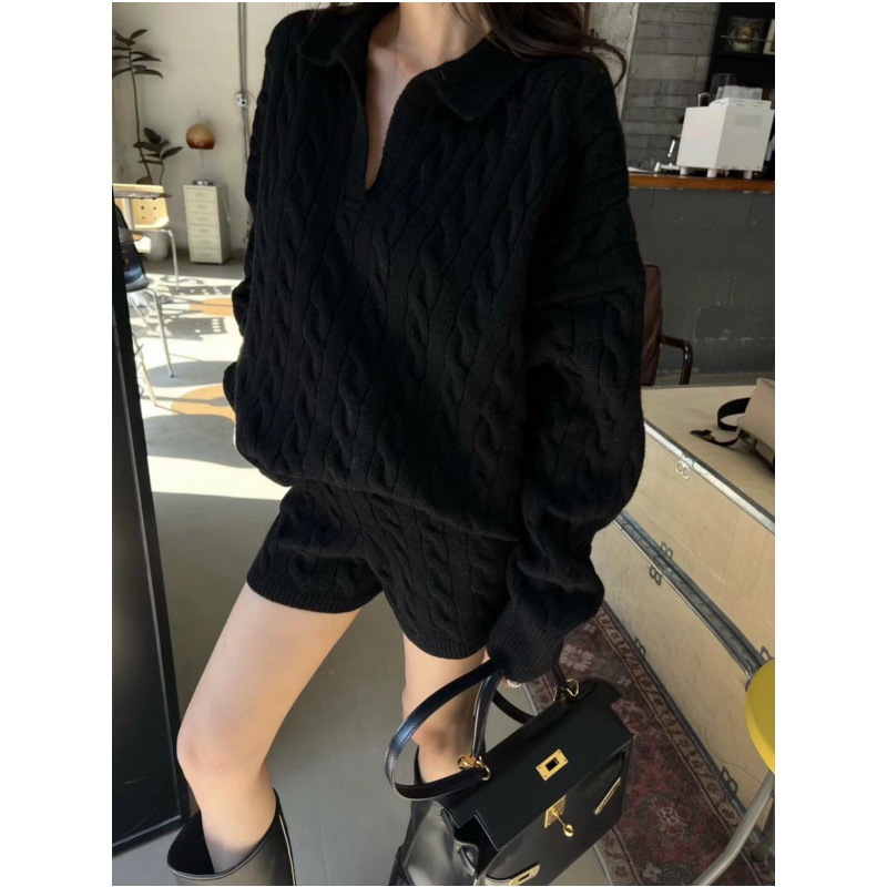 GraceChic GraceChic GraceChic KANING Lazy Style Cable Knit Donna Autunno 2025 Nuovo Set Due Pezzi Maglione Pantaloncini a Vita Alta_voghion.com