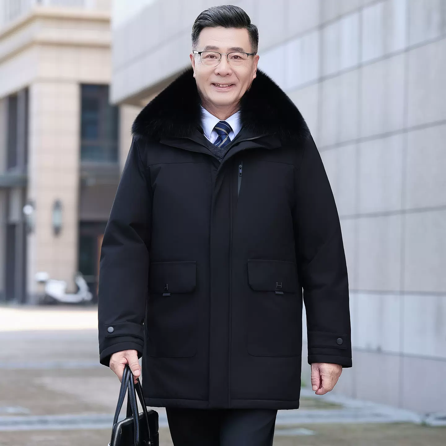 【三开】中老年防寒服男中长款冬季户外保暖外套商务爸爸装