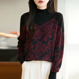 法式复古印花针织衫女25秋冬半高领长袖时尚洋气加厚保暖打底毛衣