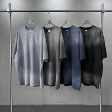 美式街头275G复古洗水做旧短袖泼墨短袖插肩t恤潮牌宽松打底