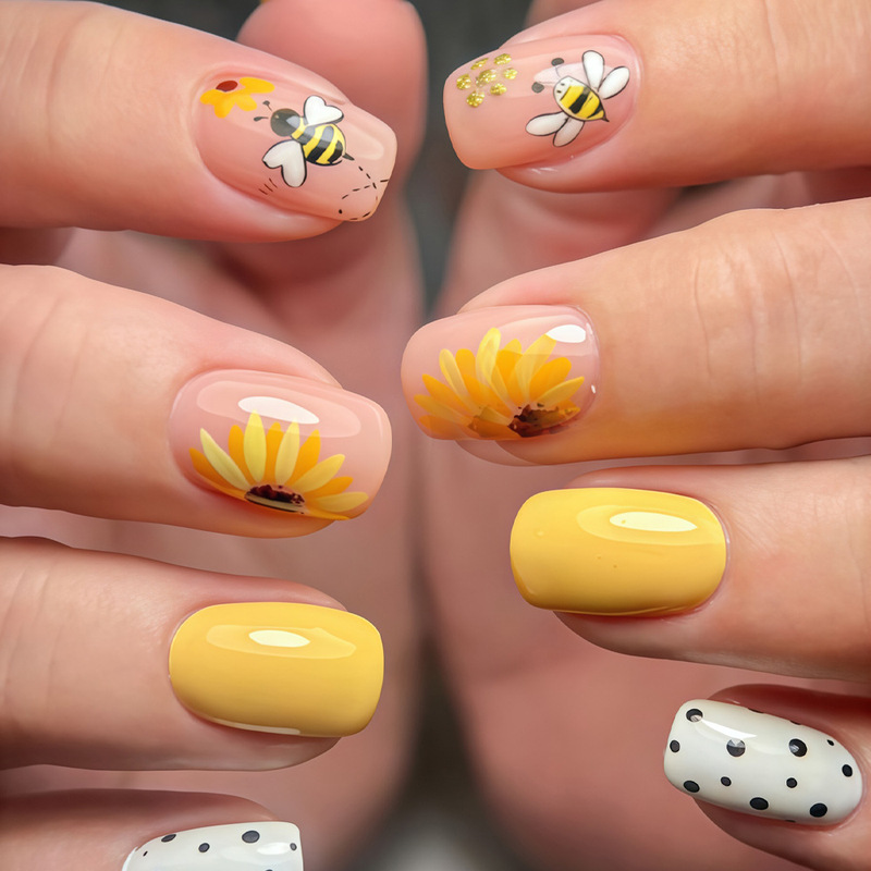 Spring and Summer New Style Yellow Flower Bee Spot Plant Flower Pattern Wearable Nails Cream Yellow Solid Color Fake Nails