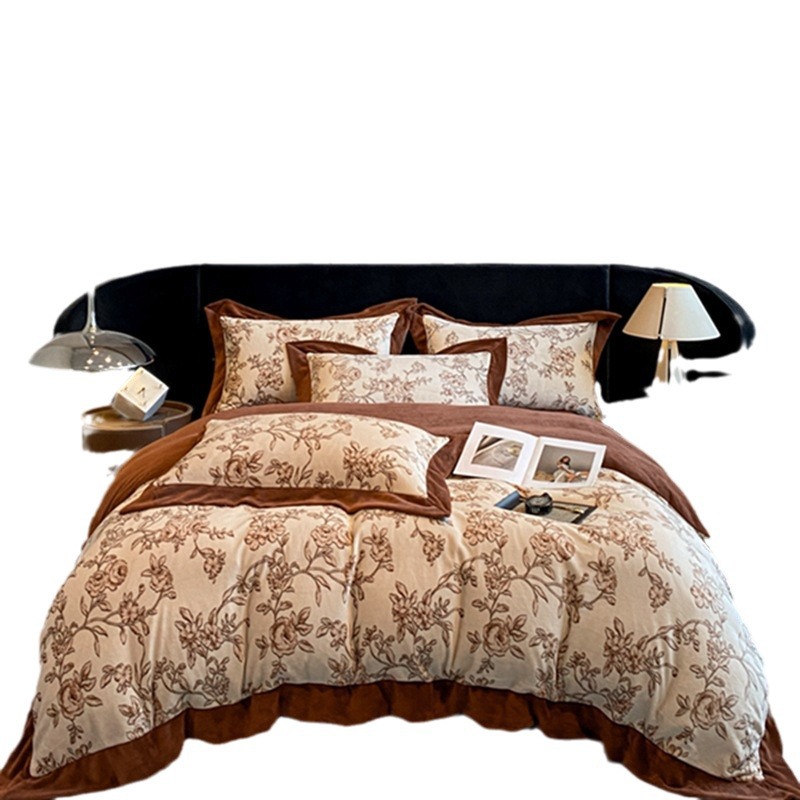 Conjunto de cama de quatro peças em veludo cotelê leve e luxuoso, estilo boho boho francês vintage nórdico, novo, de alta qualidade e espessura reforçada._voghion.com