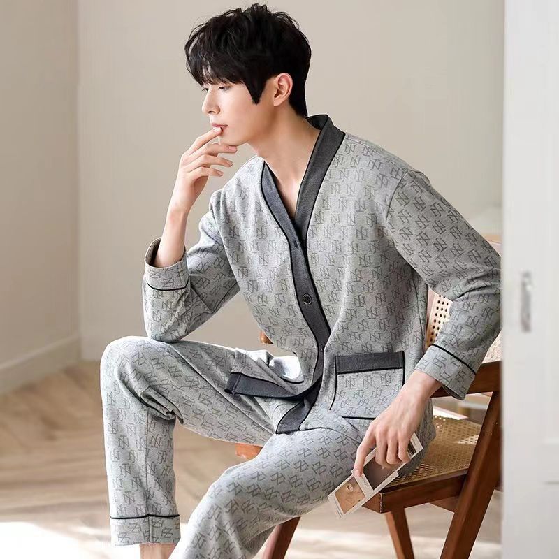 고급 순면 남성 잠옷 봄 가을과 겨울 카디건 플러스 사이즈 고급 일본 V-넥 겉옷 세트