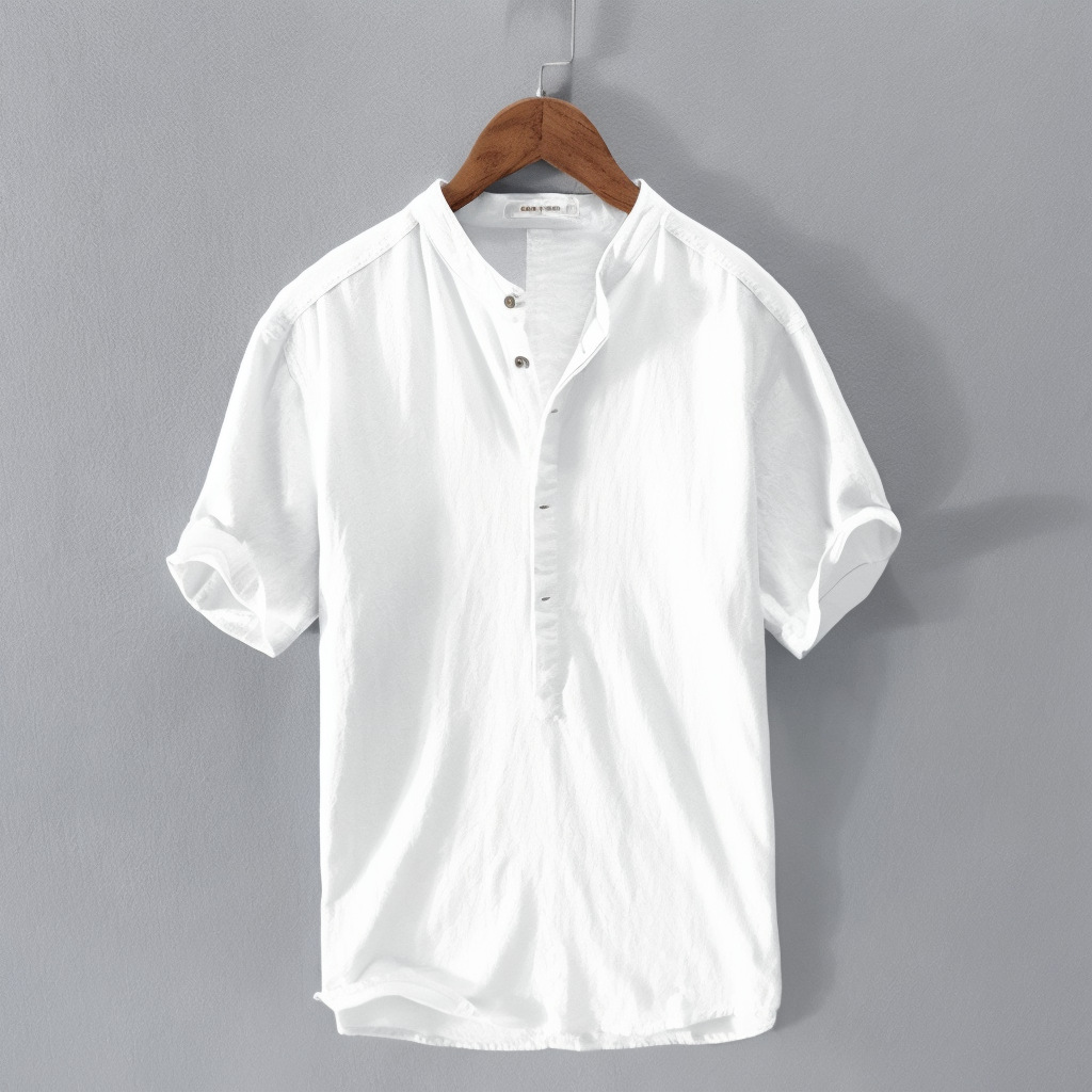 Breathable Linen Blend Short Sleeve Shirt For Men, Casual Summer Pullover Top With Comfort Fit_viptrois.com