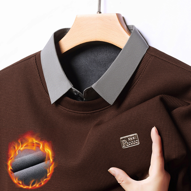 Popular Thickened Fleece-Lined Faux Two-Piece Knit Sweater for Men, Autumn and Winter Business Casual Warm Skin-Friendly Top Base Layer