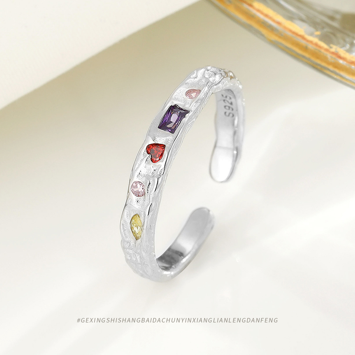s925银彩色锆石不规则开口戒指气质小众高级感饰品轻奢个性指环女