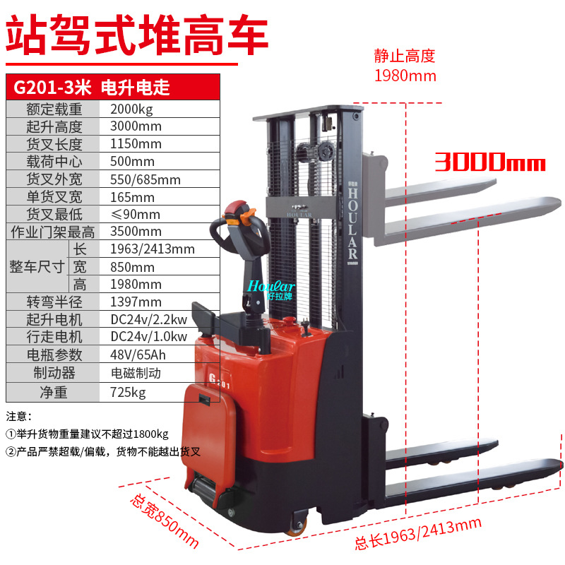 站驾式2吨升2.5米全电动升高车全自动升降堆高车CDD2025堆货叉车