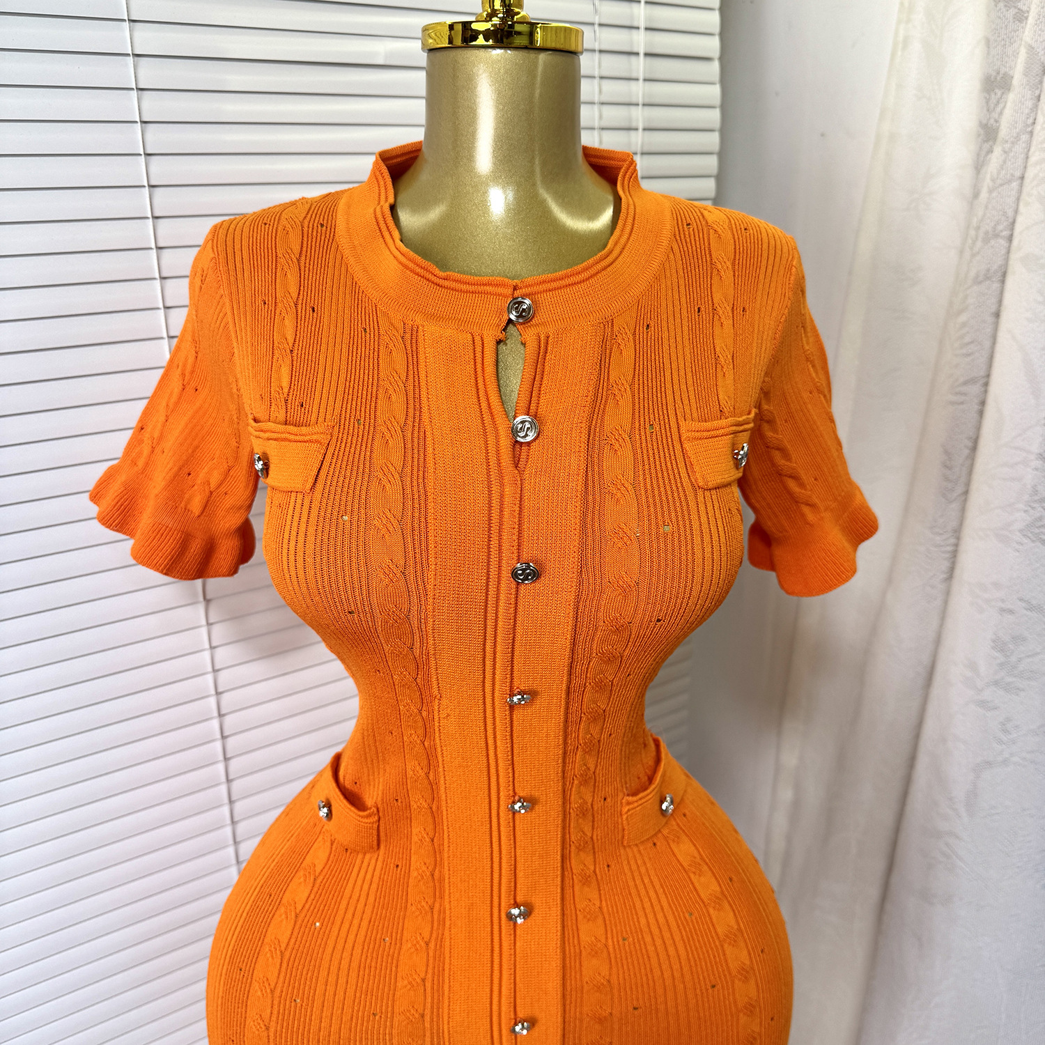 Women's European American Style Knitted Dress Simple Elegant Summer Single-Breasted Hollow out Slim Fit Temperament Long Dress_ecoleips.com