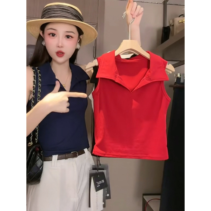 European Polo Collar Solid Color Sleeveless Vest for Women 2025 Summer New Slim Fit Versatile Stylish Top Trendy European Polo Collar Solid Color Sleeveless Vest for Women 2025 Summer New Slim Fit Versatile Stylish Top Trendy