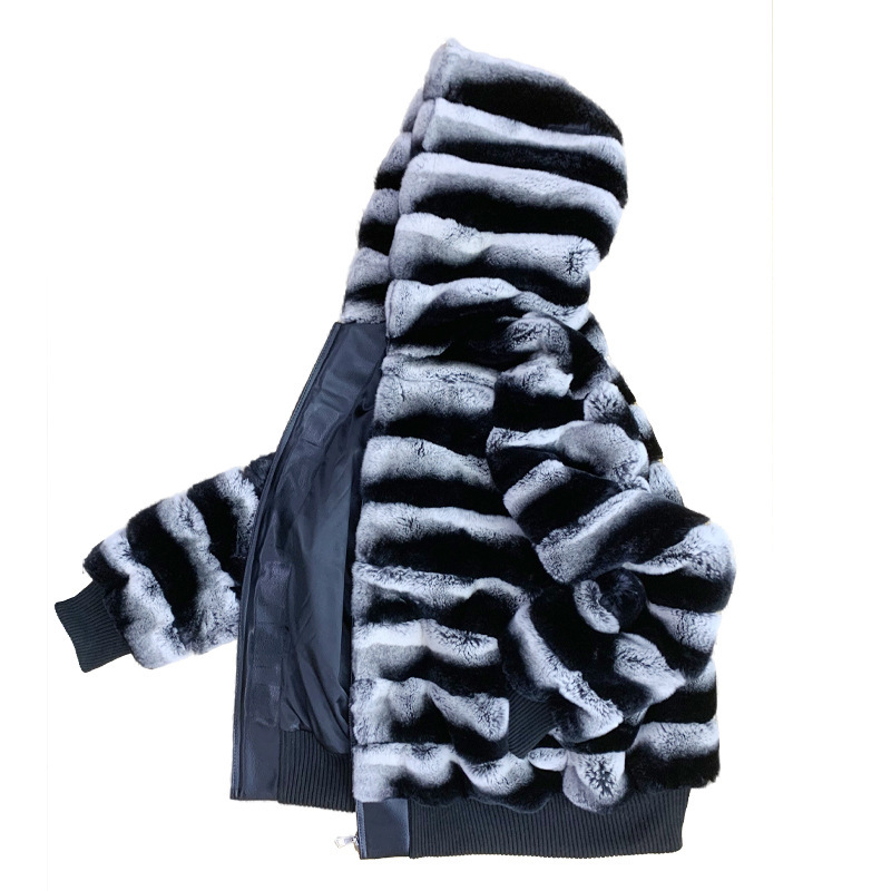 Men's Long Striped Hooded Jacket with Zipper in Teal and Blue, Made of Rex Rabbit Fur, Available for Sale, Popular Cross-Border Model