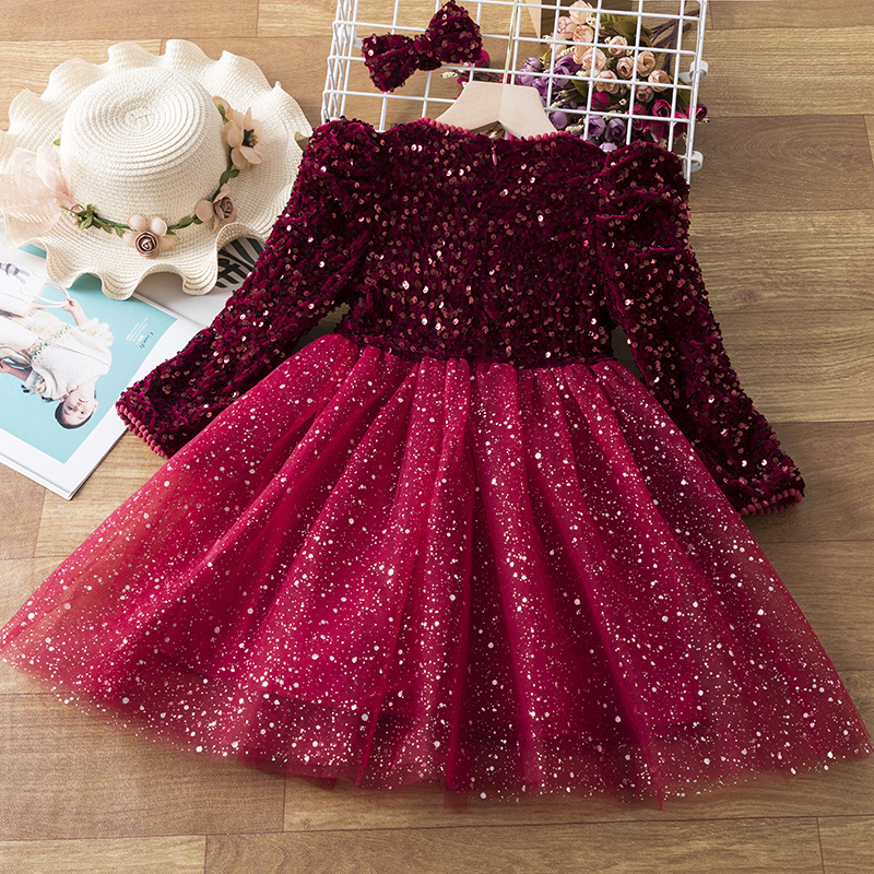 Girls' Sequin Winter Children's Girl Princess Fashionable Splicing Fluffy Yarn Dress Trend_voghion.com