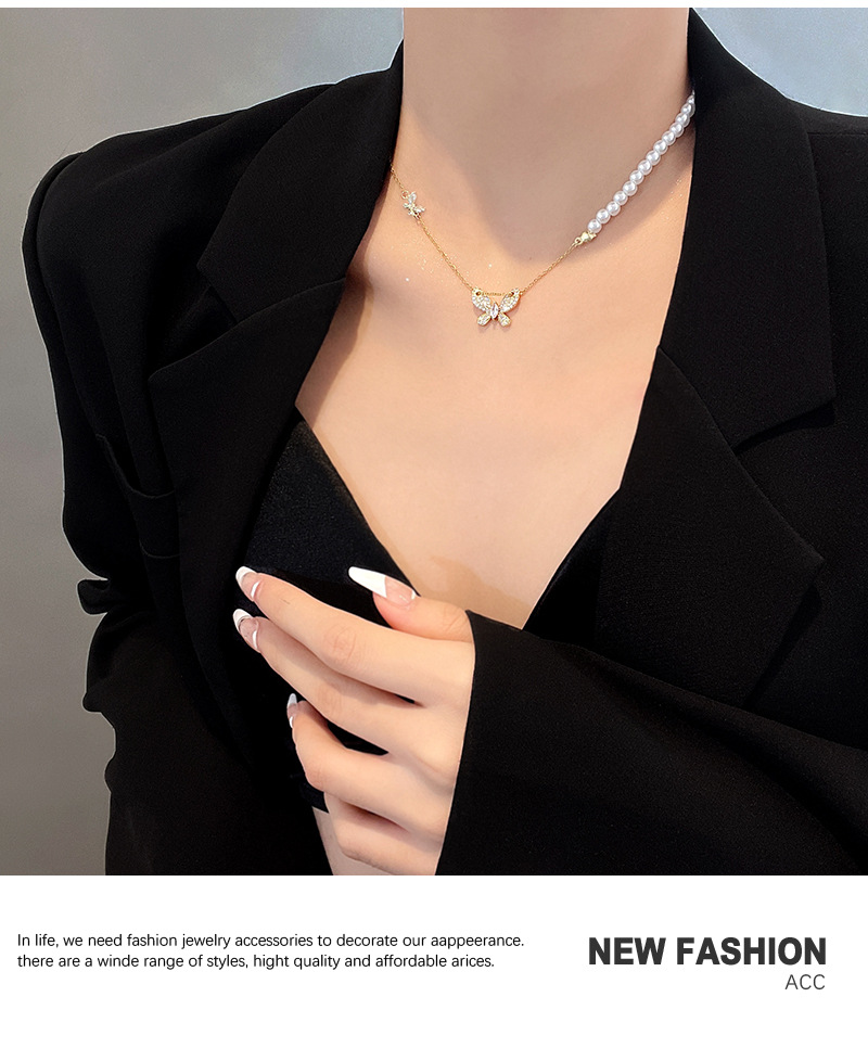 Japanese And Korean Fashion Personality Butterfly Titanium Steel Necklace Net Red Design Pearl Zircon Pendant Temperament Clavicle Chain display picture 7