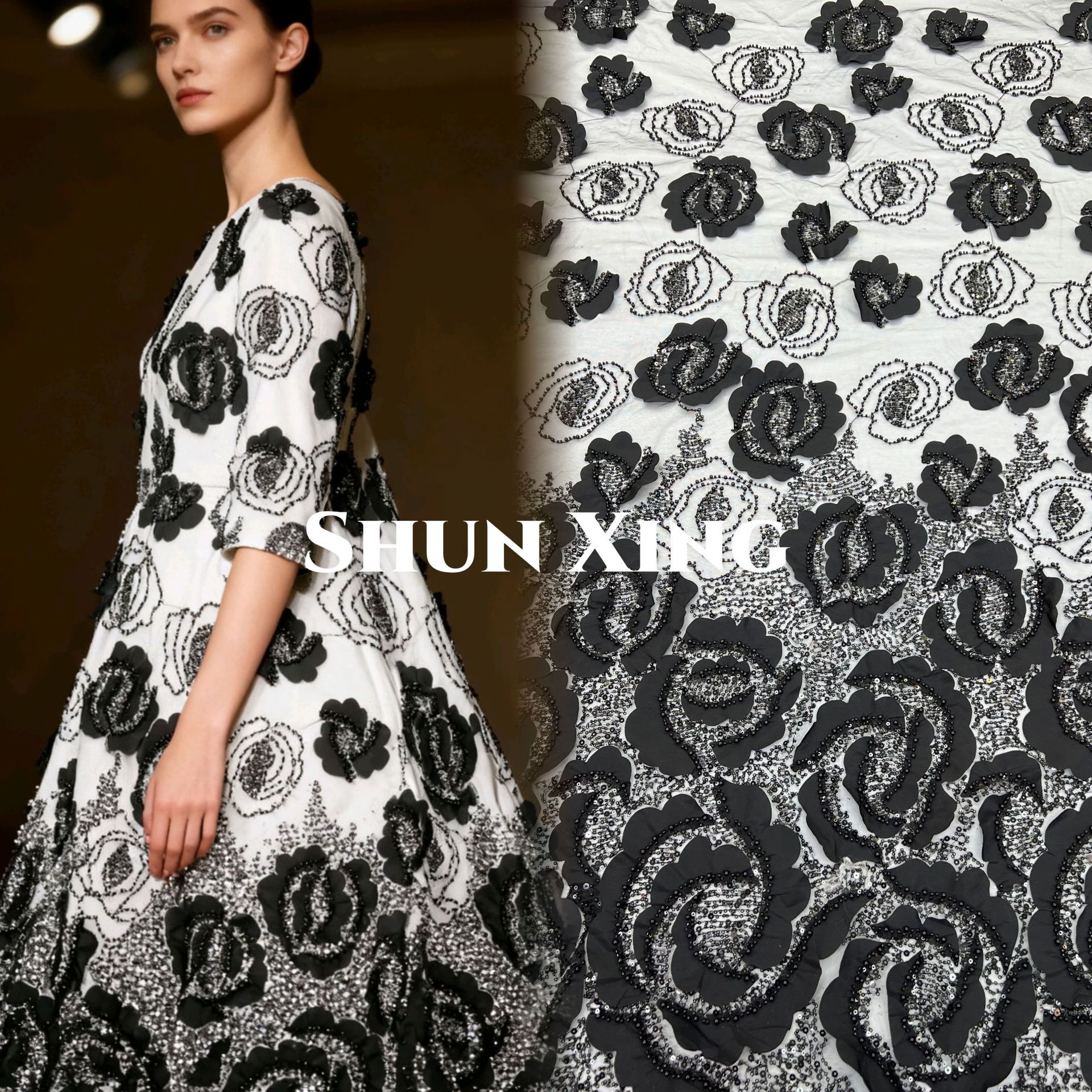 现货黑色激光珠子珠片渐变绣花面料 lace bead蕾丝面料embroidery