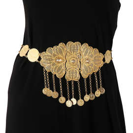 民族风重工腰带金色钱币流苏吊坠镶钻腰饰身体链肚皮舞配饰