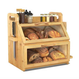 竹木面包箱双层带盖烘焙盒厨房柜台面包储存容器调料架实木储存盒