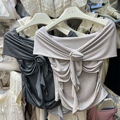 2025夏季純欲風辣妹立體花朵性感一字肩閃閃褶皺上衣修身短款T恤