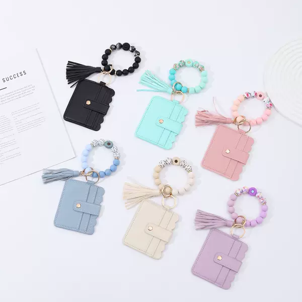 Cross-Border Silicone Bead Bracelet Key Ring Card Holder Fashionable Wrist Tassel Card Holder Small Daisy Bracelet Leather Card Holder