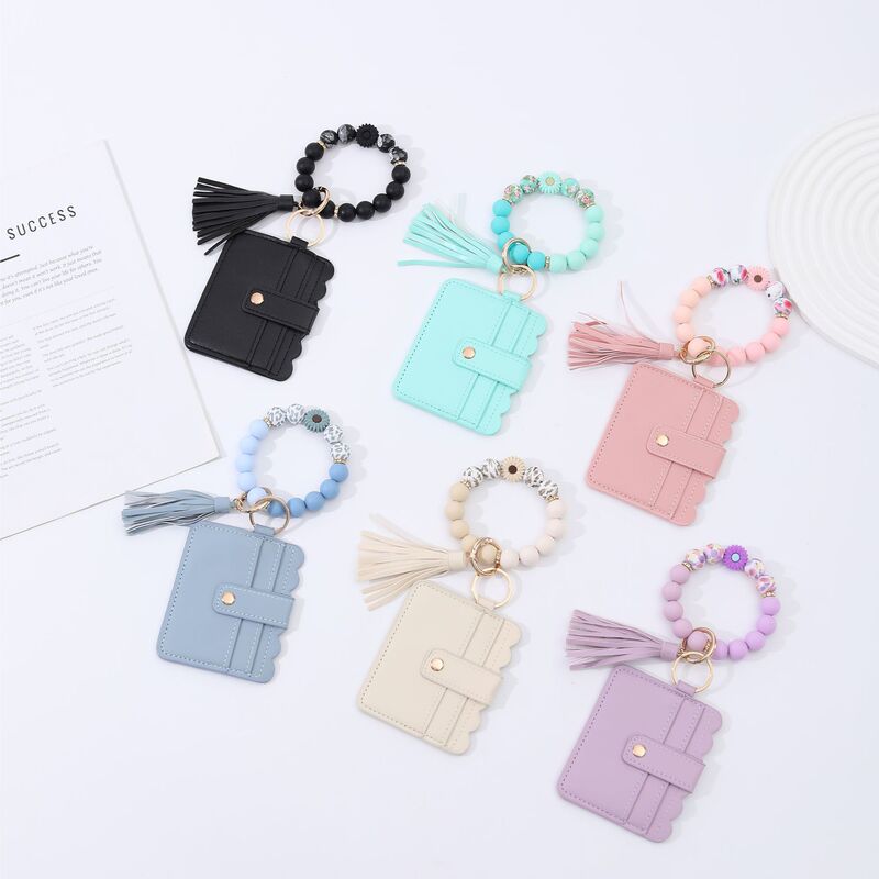 Cross-Border Silicone Bead Bracelet Key Ring Card Holder Fashionable Wrist Tassel Card Holder Small Daisy Bracelet Leather Card Holder Cross-Border Silicone Bead Bracelet Key Ring Card Holder Fashionable Wrist Tassel Card Holder Small Daisy Bracelet Leather Card Holder